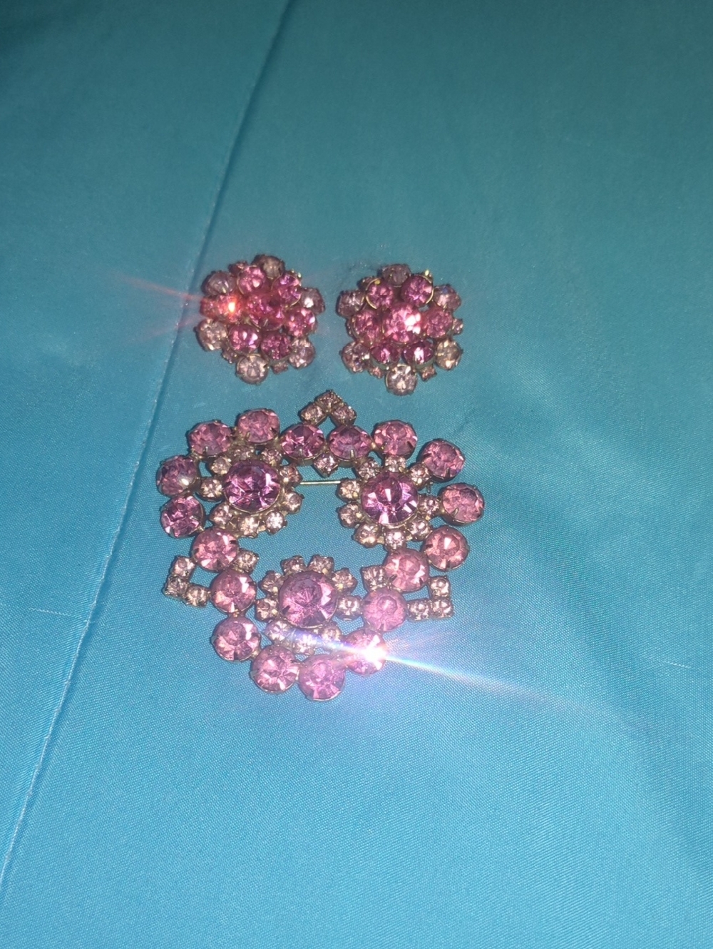 Pink Crystal Floral Brooch and Clip-On Earring Set - Sparkling Pink Accent